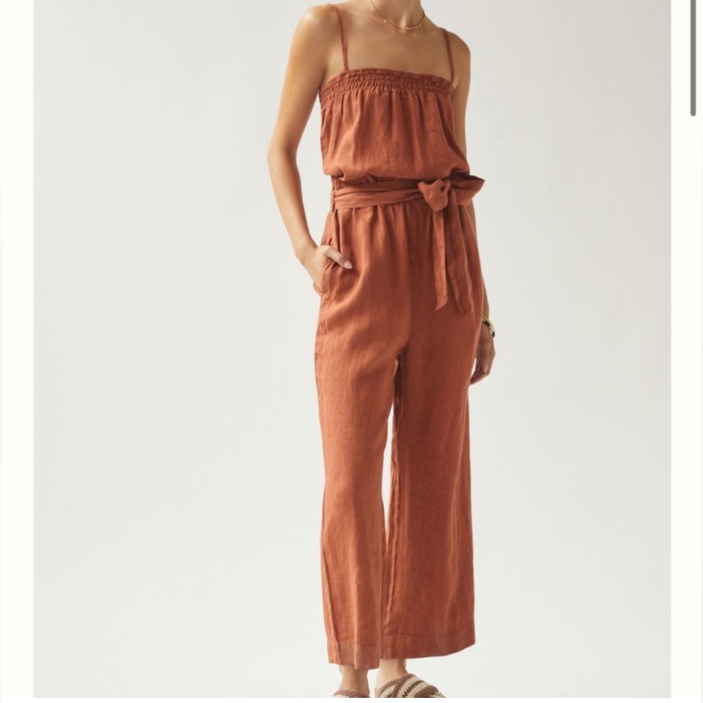 Anthropologie Rust-Tone Linen Strap Jumpsuit